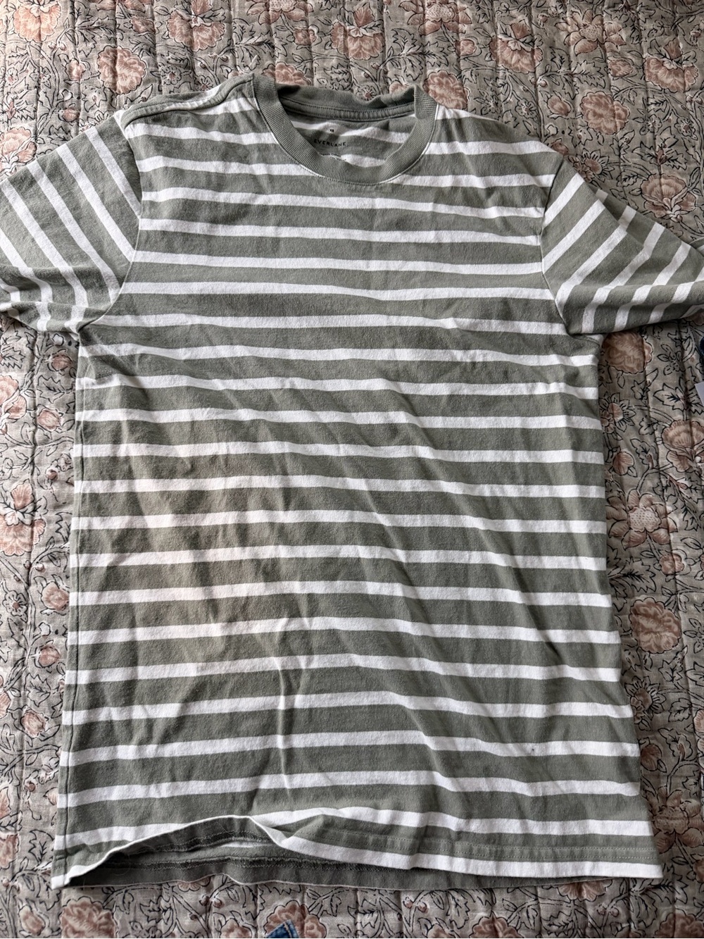 Everlane Olive Green and White Striped Crewneck T-Shirt